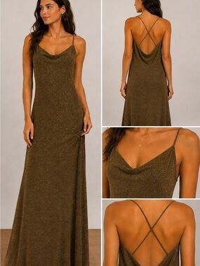 Vintage Ralph Lauren Shimmer Maxi Slip Dress Gold Bronze Cowl Neck Size Medium
